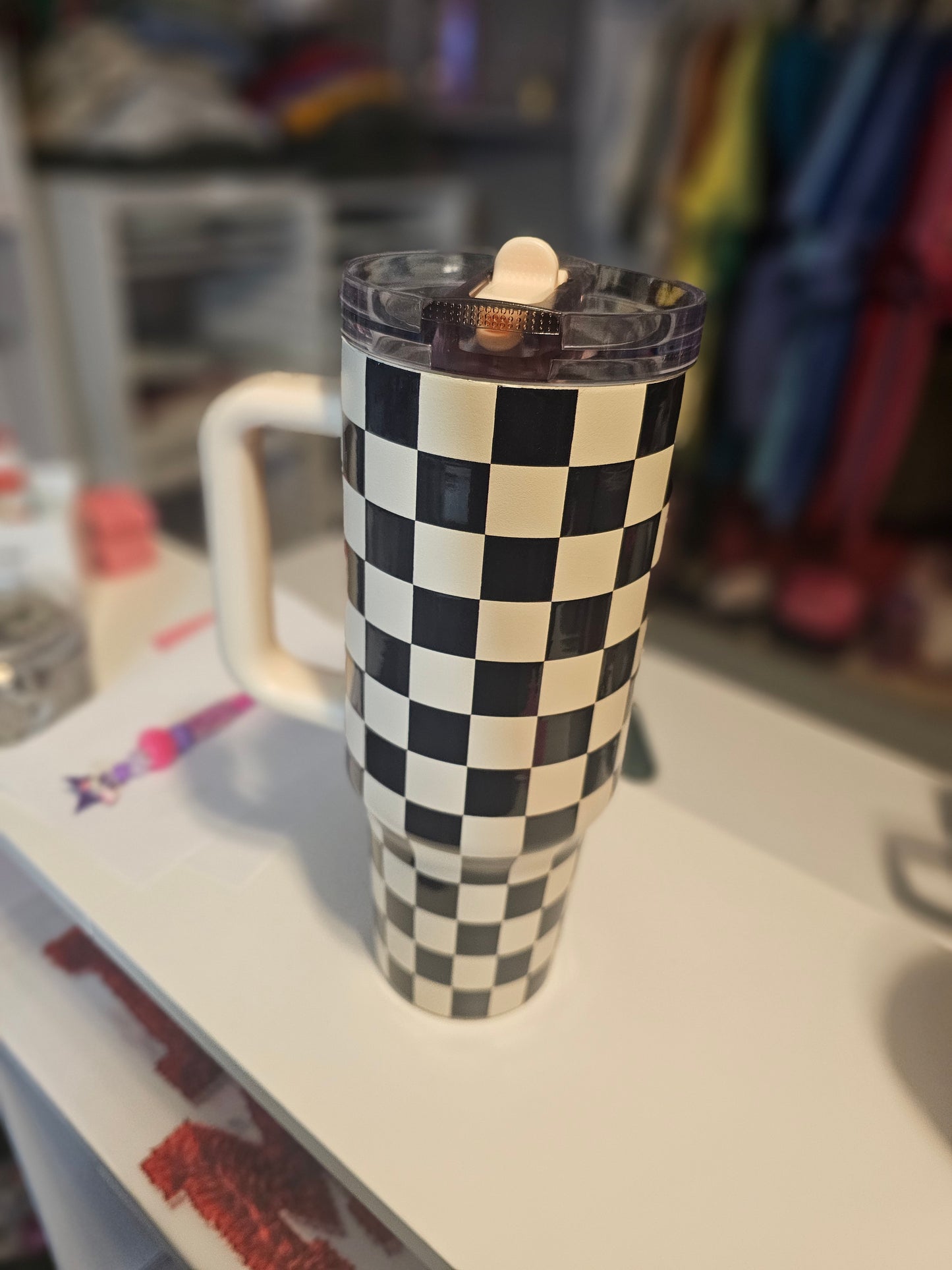 40oz Custom checkered stainless steel, flip straw